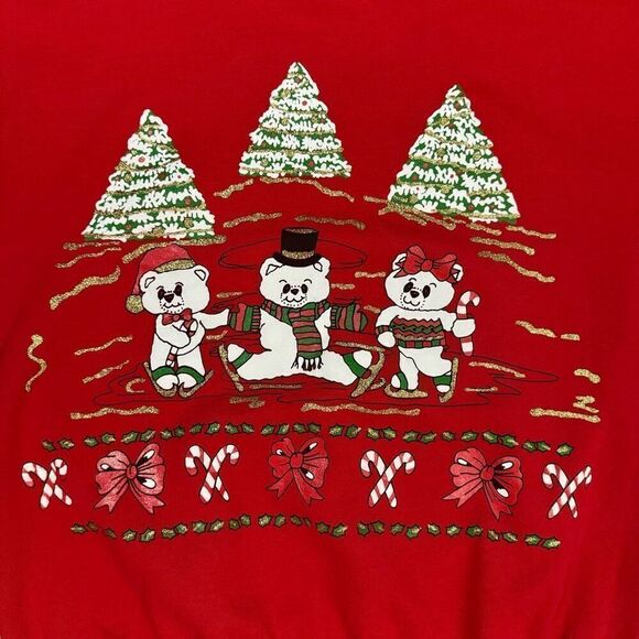 Vintage Hanes L Iceskating Christmas Bears Crewneck Sweatshirt Red Winter Retro - Picture 2 of 4